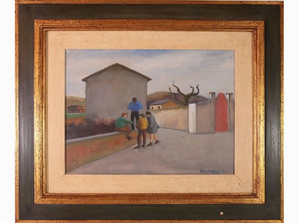 Nino Tirinnanzi : View of a Street with figures 1970  ((1923-2002))  - Auction The Collector's House - Villa of the Azaleas in Florence - I - I - Maison Bibelot - Casa d'Aste Firenze - Milano
