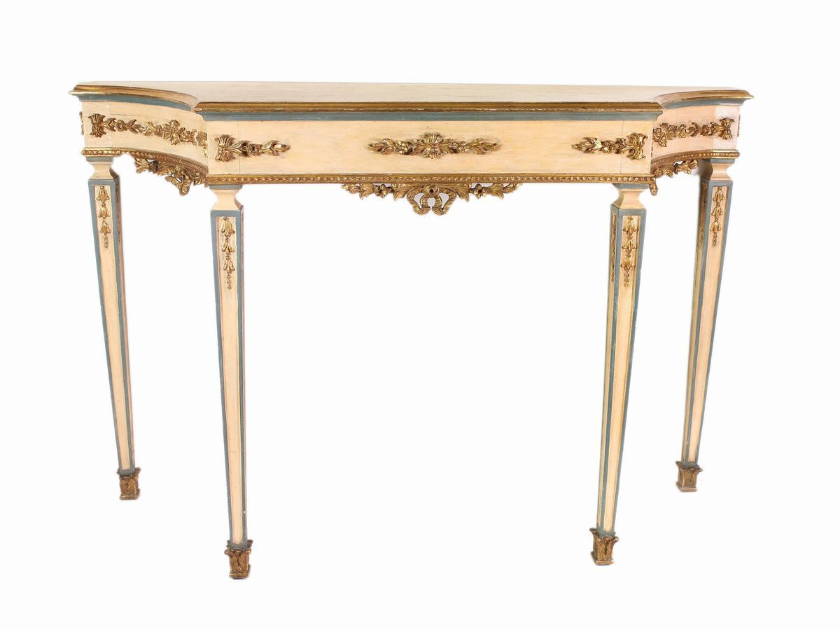 Console con Specchiera in Legno Laccato Bianco e Lumeggiato in Oro