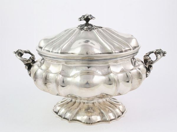 A silver soup bowl