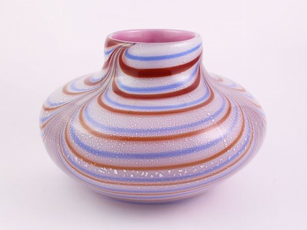 Flavio Poli attribuito - Glass vase with red and blue stripes