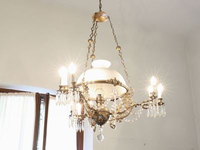 Lampadario Ad Olio in Metallo Dorato