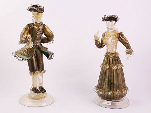 A pair of blown green glass figurines with gold inclusion  (Murano, 20th century)  - Auction The Collector's House - Villa of the Azaleas in Florence - III - III - Maison Bibelot - Casa d'Aste Firenze - Milano