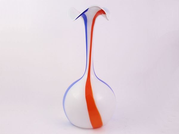 Case white bottle vase with blue and orange vertical stripes