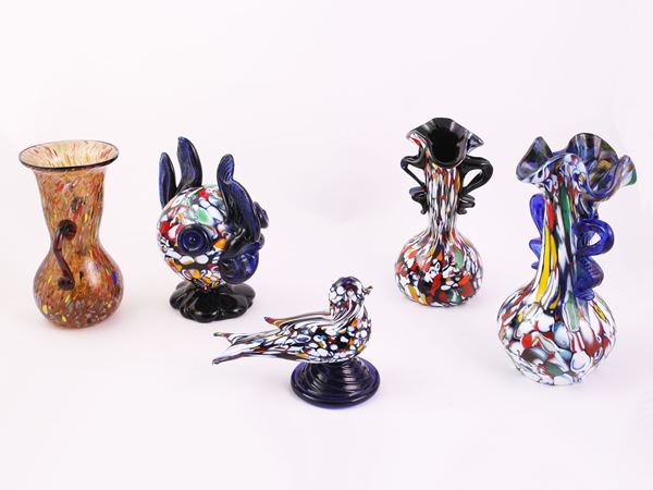 Three small murrhine glass vases and two murrhine glass animals