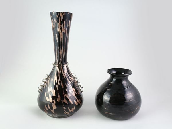 Two black blown glass vases