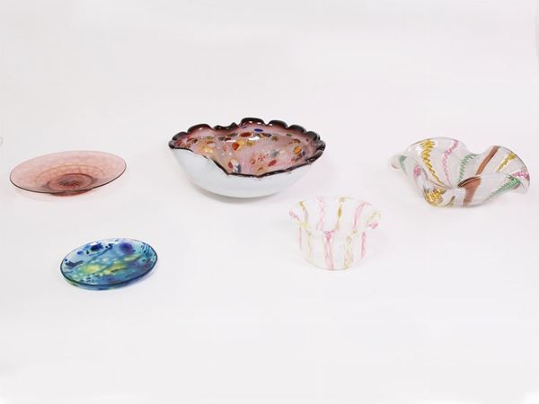 Two filigree glass bowls, one millefiori glass ashtray and two small glass plates