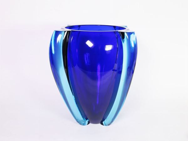 A large cobalt glass vase with applied transparent ends signed on bottom Tina Aufiero for Venini