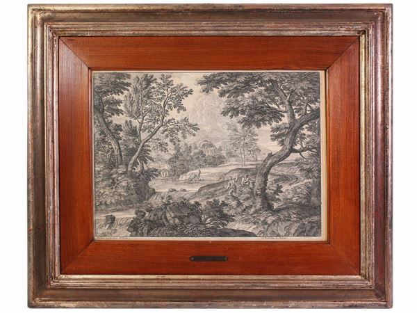 Gerard Audran Audran : Paesaggio fluviale con personaggi  ((1640-1703))  - Asta Una Collezione Fiorentina - Maison Bibelot - Casa d'Aste Firenze - Milano