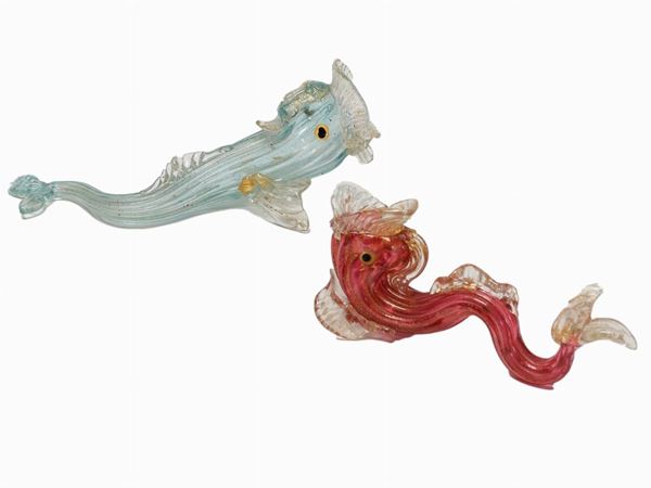 Two glass blown dolphins with gold inclusions slightly damaged