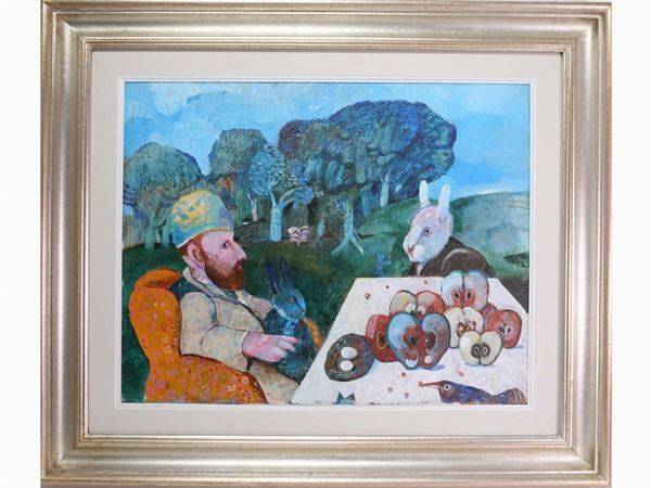 Antonio Possenti : Wooden landscape with figure and rabbits  ((1933-2016))  - Auction The Collector's House - Villa of the Azaleas in Florence - I - I - Maison Bibelot - Casa d'Aste Firenze - Milano