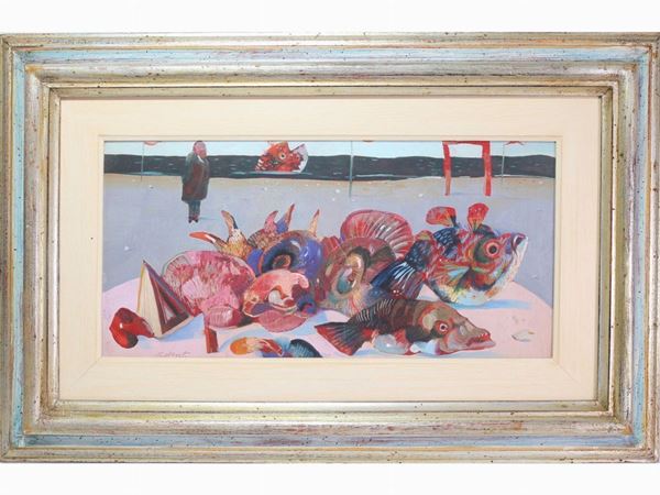 Antonio Possenti : Still life with fish in a seascape  ((1933-2016))  - Auction The Collector's House - Villa of the Azaleas in Florence - I - I - Maison Bibelot - Casa d'Aste Firenze - Milano