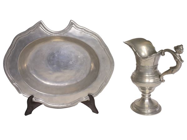 Two pewter jug and tray