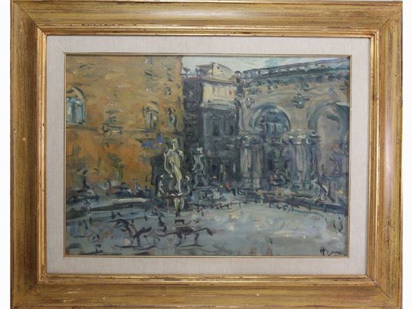 Enzo Pregno : View of the Piazza della Signoria  ((1898-1972))  - Auction The Collector's House - Villa of the Azaleas in Florence - I - I - Maison Bibelot - Casa d'Aste Firenze - Milano