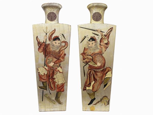 Pair of painted panels with oriental warriors