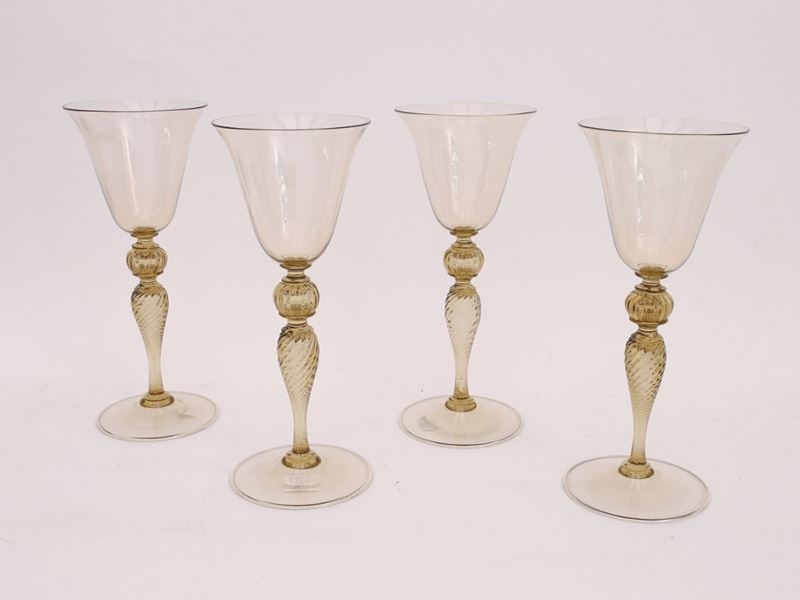Serie di Sedici Calici in Vetro Soffiato Color Sabbia di Murano