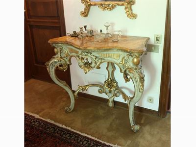 Console in Legno Laccato Verde Acqua e Lumeggiato in Oro