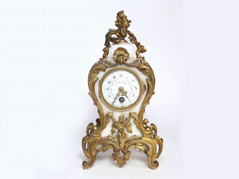 Piccolo Orologio da Tavolo in Alabastro e Bronzo