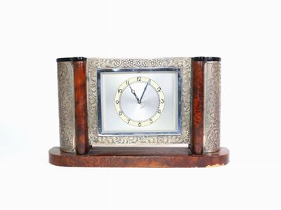 Orologio da Tavolo Decò in Argento e Radica
