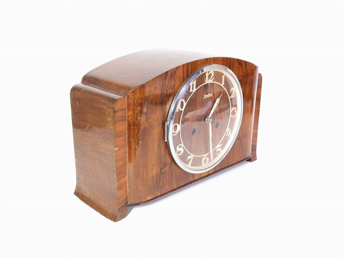 Orologio da Tavolo Decò Impiallacciato in Piuma di Noce