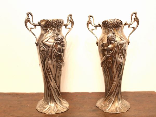 A pair of WMF Art Nouveau pewter vases