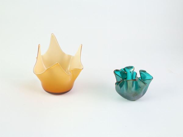 Two blown glass Fazzoletto Venini vases