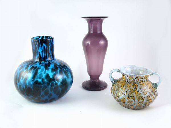 Three different colour blown glass vases