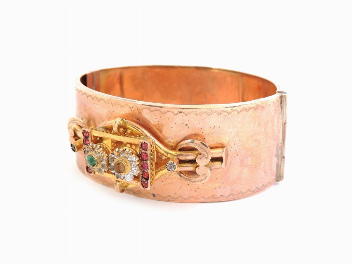Bracciale Rigido in Oro Rosa e Giallo 500/1000 con Pietre Artificiali