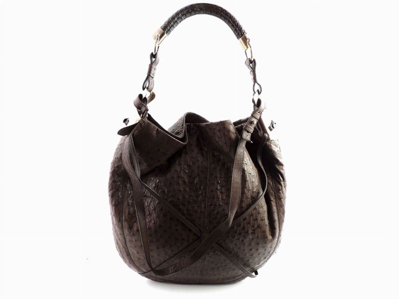 Borsa a Spalla in Struzzo Marrone, Salvatore Ferragamo