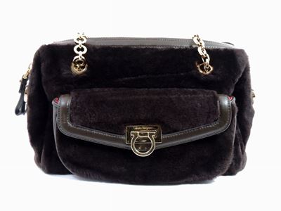 Borsa a Mano in Pelliccia e Pelle Marrone, Salvatore Ferragamo