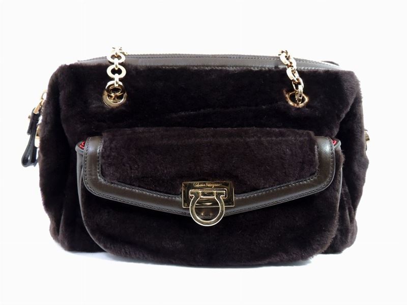 Borsa a Mano in Pelliccia e Pelle Marrone, Salvatore Ferragamo