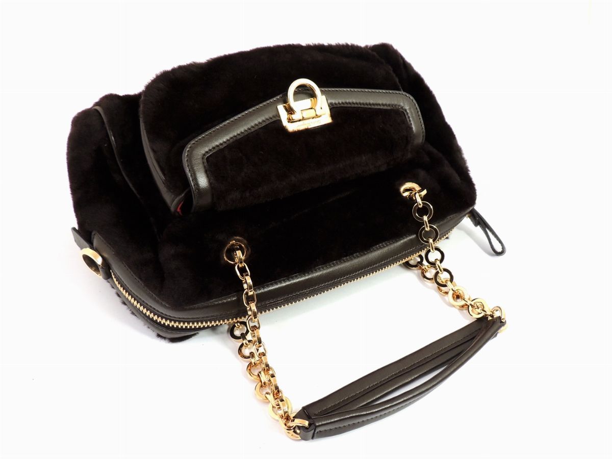 Borsa a Mano in Pelliccia e Pelle Marrone, Salvatore Ferragamo