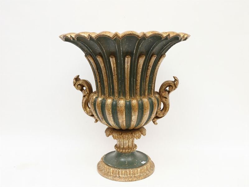 Grande Vaso Mediceo in Legno Laccato Verde e Dorato