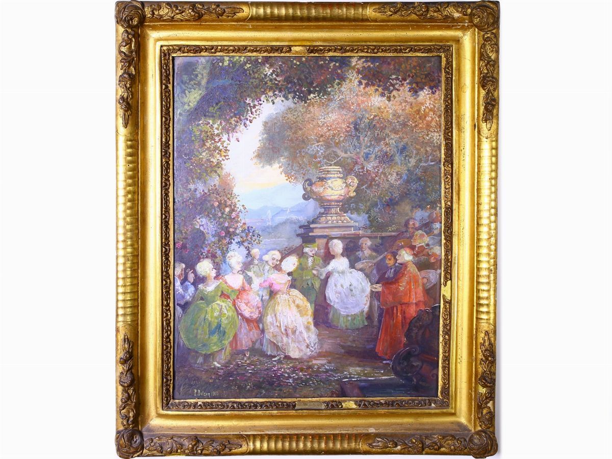 Scuola Toscana Dell'inizio del XX Secolo - Scorci di Giardino con Personaggi in Abiti Settecentes...