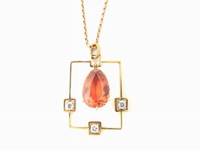 Pendente e Catenina in Oro Giallo, Diamanti e Tormalina Color Salmone