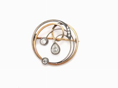 Spilla Liberty in Oro Giallo, Argento e Diamanti