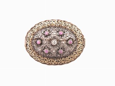 Spilla in Oro Giallo e Argento con Diamante e Rubini