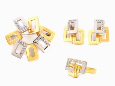 Parure Spilla, Orecchini ed Anello in Oro Giallo e Bianco con Diamanti