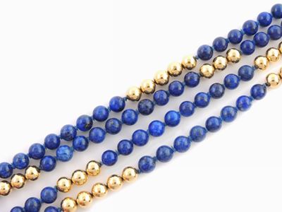 Collana a Due Fili di Sfere Lapislazzuli e Oro Giallo con Fermezza in Oro Giallo