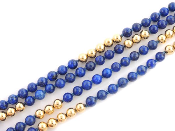 Two strands lapis lazuli and yellow gold beads necklace with yellow gold clasp