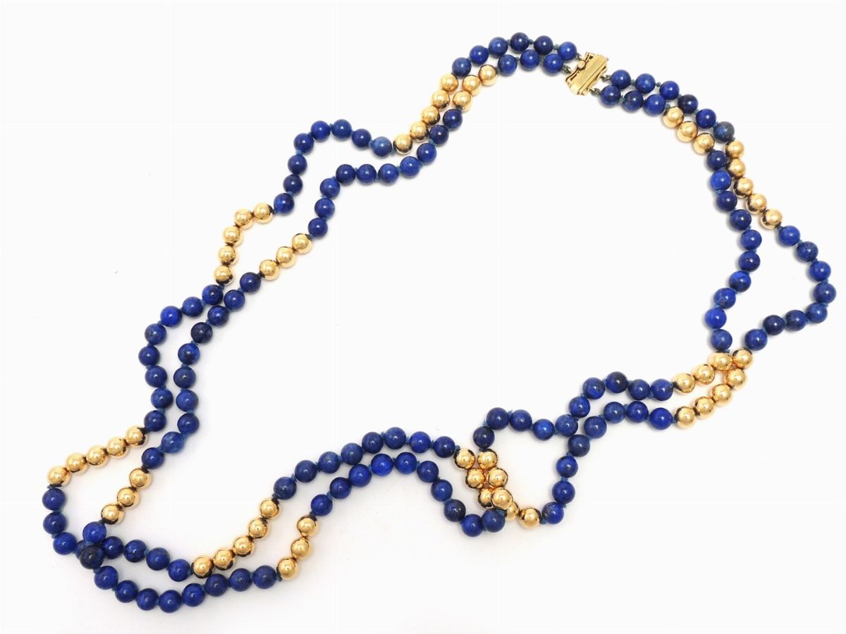 Collana a Due Fili di Sfere Lapislazzuli e Oro Giallo con Fermezza in Oro Giallo