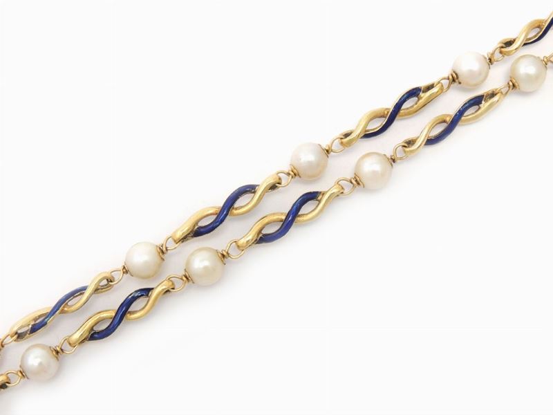Catena in Oro Giallo, Smalti Blu e Perle Coltivate Akoya