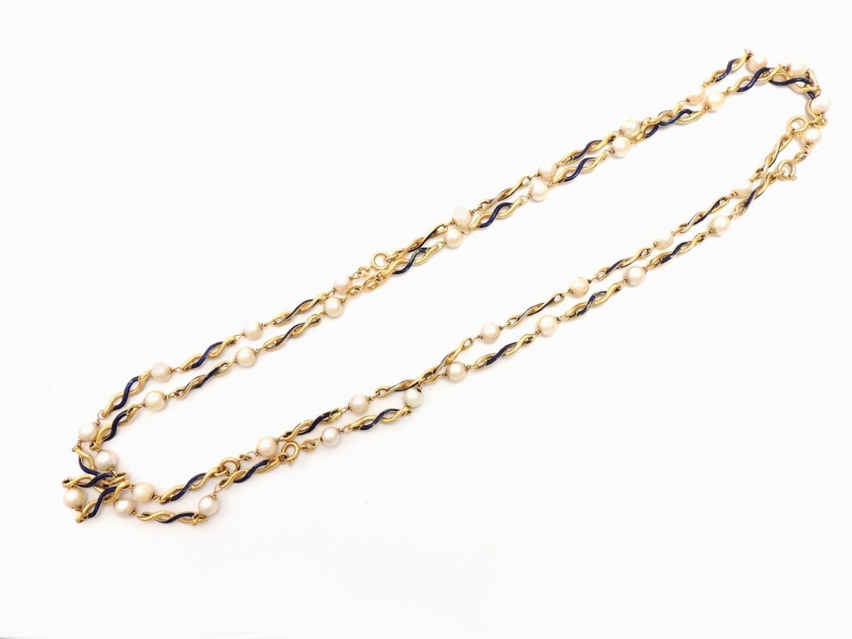 Catena in Oro Giallo, Smalti Blu e Perle Coltivate Akoya