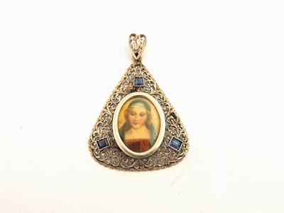 Pendente in Oro Bianco con Zaffiri e Miniatura