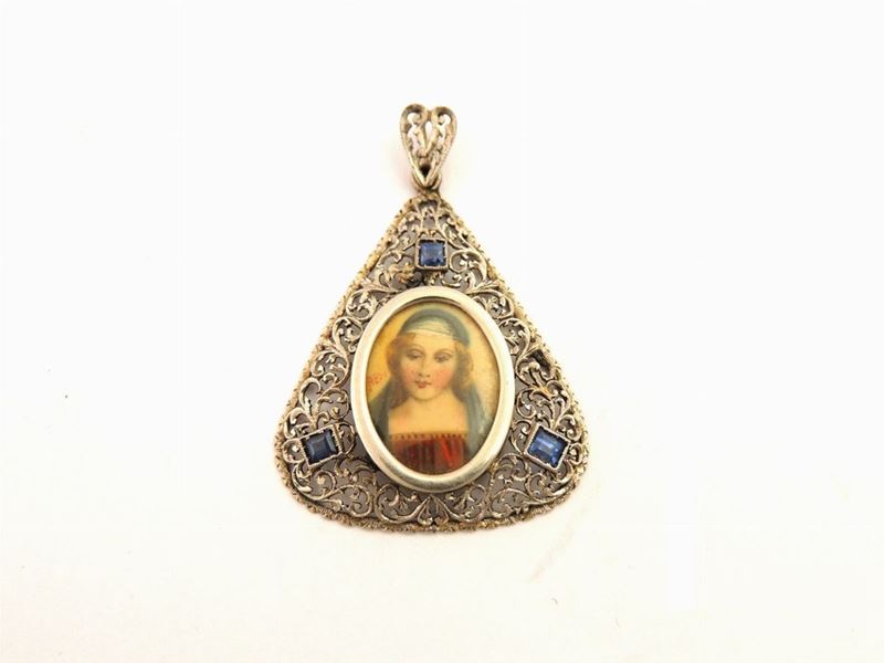 Pendente in Oro Bianco con Zaffiri e Miniatura