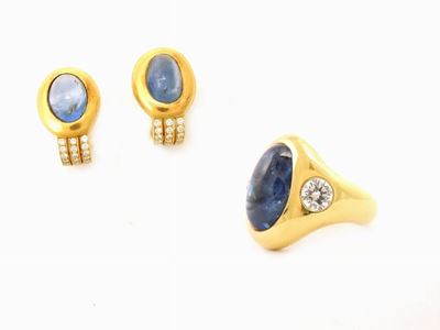 Demi Parure Anello e Orecchini in Oro Giallo, Diamanti e Zaffiri