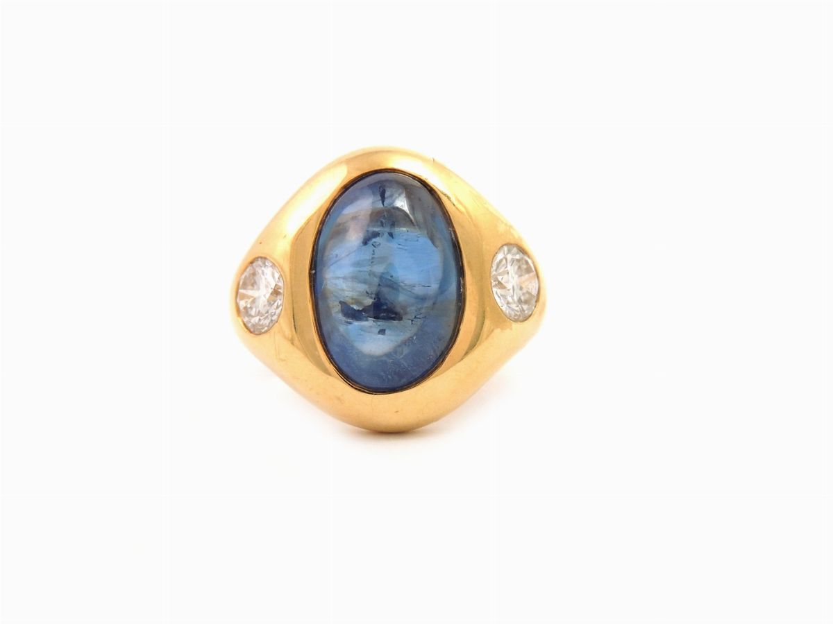 Demi Parure Anello e Orecchini in Oro Giallo, Diamanti e Zaffiri