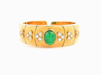 Bracciale Semirigido Faraone in Oro Giallo, Diamanti e Smeraldo