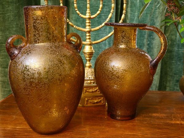 Two amber glass vases