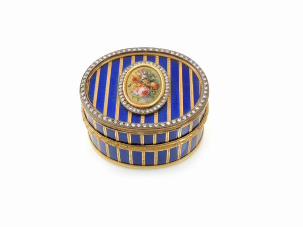Yellow gold box with diamonds and multicoloured enamels