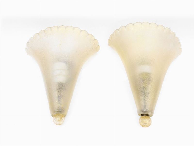 Coppia di Appliques in Vetro Soffiato di Murano Ad Inclusioni Dorate